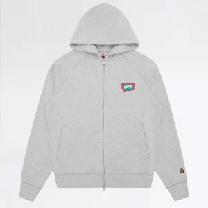 BLOCK LOGO ZIP THROUGH HOOD HEATHER GREY